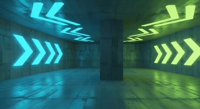Abstract Futuristic Interior with Glowing Arrows