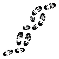 Footprints leading the way forward on a white background in a winding and curving path way silhouette