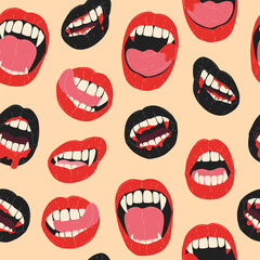 Halloween seamless pattern with vampire open mouth, lips, teeth, fangs, tongue, blood. Hand drawn mystery cartoon background for holiday decoration, print, poster, banner, wrapping paper