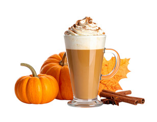 Studio shot of a pumpkin spice latte with whipped cream, accompanied by small pumpkins, cinnamon sticks, and fall leaves against a white background, creating a warm