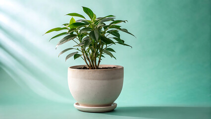 Fototapeta premium A vibrant green potted plant bathed in soft sunlight against a textured teal background