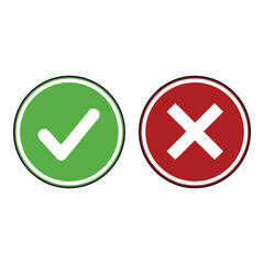 Art of set of two circular icons a green checkmark for yes or correct and a red cross for no or wrong, isolated on white background