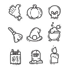 Halloween doodle icons set. Outline vector illustration.