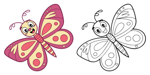 Cartoon butterfly with coloring page outline insect