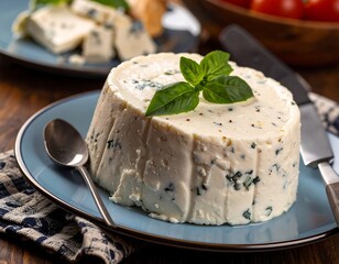 Round, creamy cheese with blue veins, garnished with fresh basil