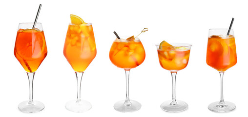 Set of Aperol spritz cocktail on white background