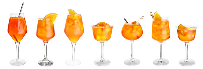 Set of Aperol spritz cocktail on white background