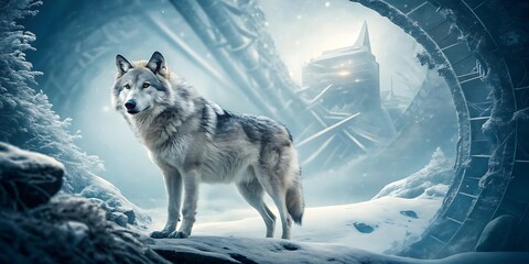Majestic wolf stands sentinel amidst a surreal icy forest with ancient ruins hinting at a lost civilization