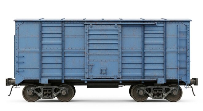 A blue boxcar with a sliding door, rust spots, ladder on right, atop wheels on tracks, isolated on white