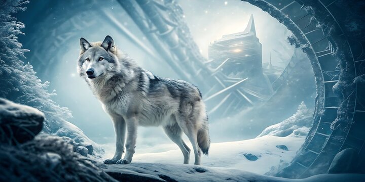 Majestic wolf stands sentinel amidst a surreal icy forest with ancient ruins hinting at a lost civilization