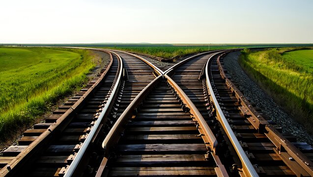 Converging railroad tracks in a vast green landscape under a clear sky symbolizing choices and journeys