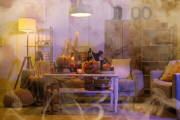 Interior of dark living room decorated for Halloween