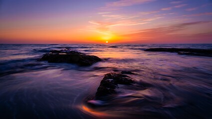 Vibrant sunset over the ocean with dramatic clouds and waves crashing on rocky shore