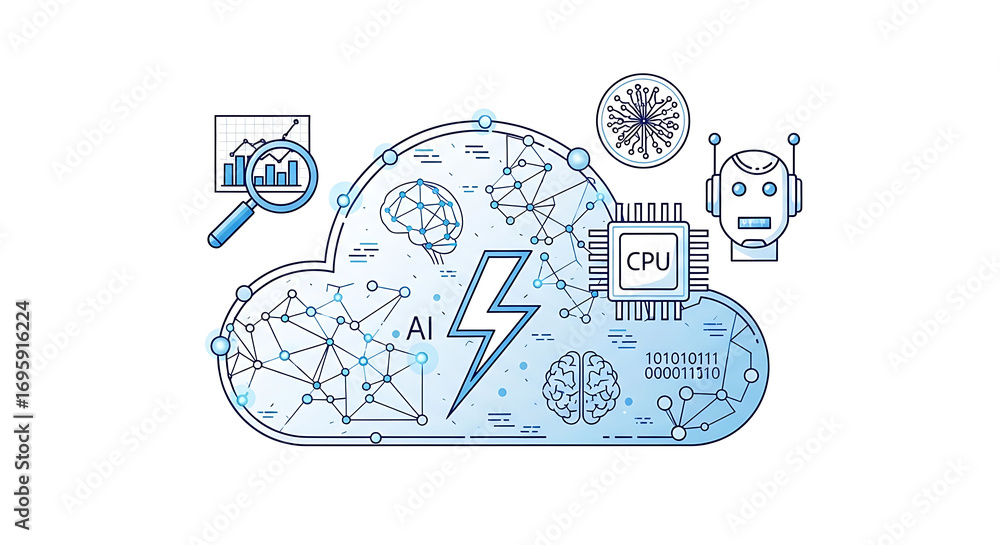 Poster illustration of a cloud with ai elements including brain cpu robot and data analysis symbols