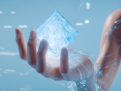 Futuristic transparent AI glass cube with digital light effects floating on a human palm.