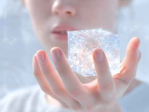 Futuristic transparent AI glass cube with digital light effects floating on a human palm.