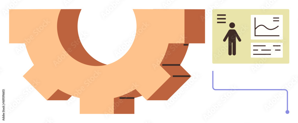Aufkleber gear symbol connecting to analytics dashboard with person icon and graph. ideal for workflow, manage
