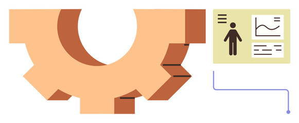 Gear symbol connecting to analytics dashboard with person icon and graph. Ideal for workflow, management, productivity, strategy, automation, efficiency, organization. Minimalist and simple flat
