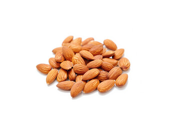 Organic almond nuts on white background.
