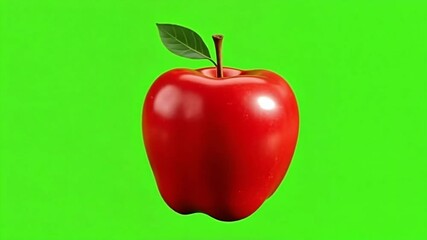 Fresh red apple with a single green leaf and stem, isolated on a vibrant green background. - Powered by Adobe