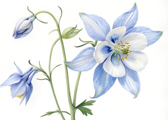 Watercolor painting of columbine flower isolated on white background, botanical art