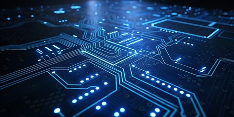 Intricate blue circuit board with glowing components and data flow representing advanced technology and digital networks