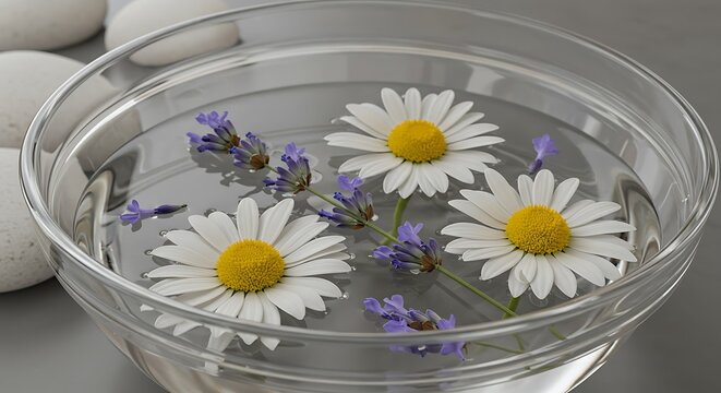 Floating daisies and lavender sprigs in a clear glass bowl of water with smooth white stones in the background, evoking a sense of calm and natural beauty - Powered by Adobe