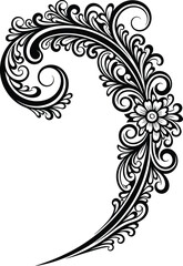 Intricate Black and White Vintage Flourish Design with Flower - Elegant Ornamental Scroll Corner Element for Wedding Invitations and Decorative Graphic Art.