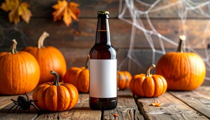 Spooky Halloween Season Beer Bottle Surrounded by Pumpkins and Cobwebs on Wooden Surface