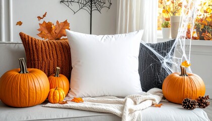Cozy Autumn Living Room Decor with Pumpkins and Pillows