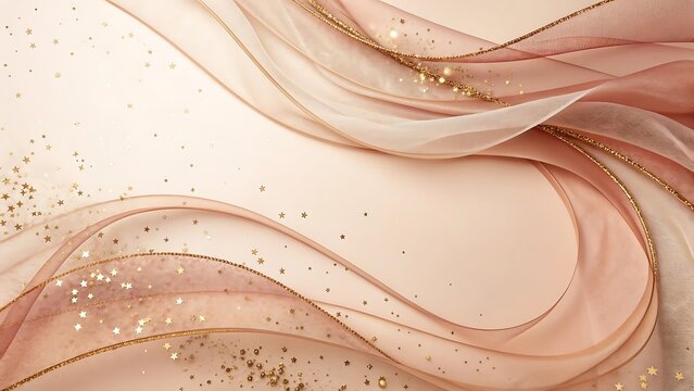 Elegant flowing sheer fabric with shimmering gold glitter accents creating a luxurious and ethereal abstract background design with soft pastel tones
