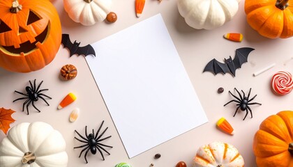 Halloween party invitation concept with a blank paper mockup surrounded by festive decorations like Jack-o'-lanterns, pumpkins, and candy