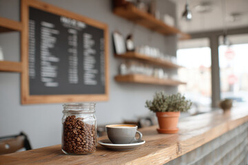 modern coffee shop scene featuring digital menu board on wall inviting customers to choose their favorite brews