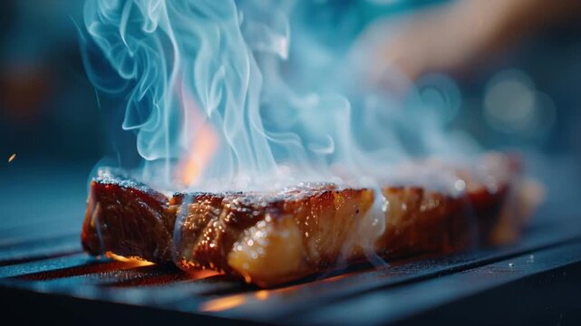 Juicy steak grilling on open flame, beef smoke rising, cooked on barbecue grill closeup, delicious savory meat, appetizing outdoor cooking, mouthwatering summer dinner, perfect for barbecue lovers