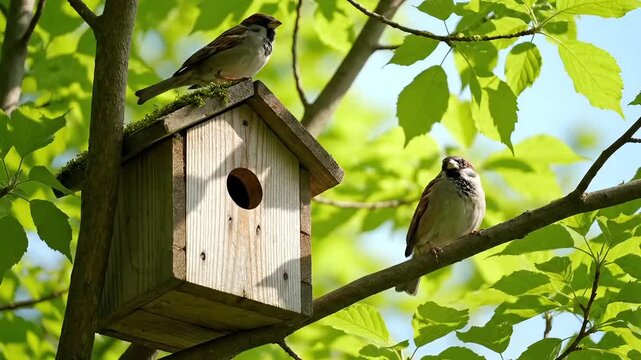 Two sparrows perched on branches near a wooden birdhouse amidst lush green foliage.
