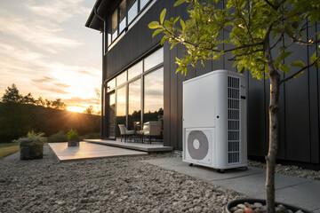 Modern Home and Eco-friendly Tech: An architectural vision showcases a modern house with an energy-efficient heat pump set amidst a beautifully landscaped outdoor space.