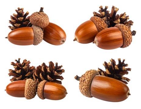 Four close-up studio shots of acorns and pine cones against a white background, showcasing warm brown tones and a flat lay composition.