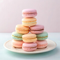 Fototapeta premium A colorful stack of french macarons on a white plate against a soft pink background