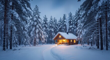 Cozy Winter Cabin in Snowy Forest at Dusk