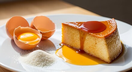 Fototapeta premium Delicious caramel custard ingredients, sweet culinary delight concept photo