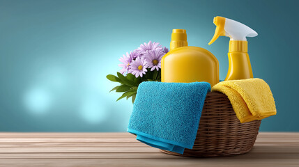Brightly colored cleaning supplies sit in a woven basket alongside fresh flowers. Wooden surface creates a warm, inviting atmosphere