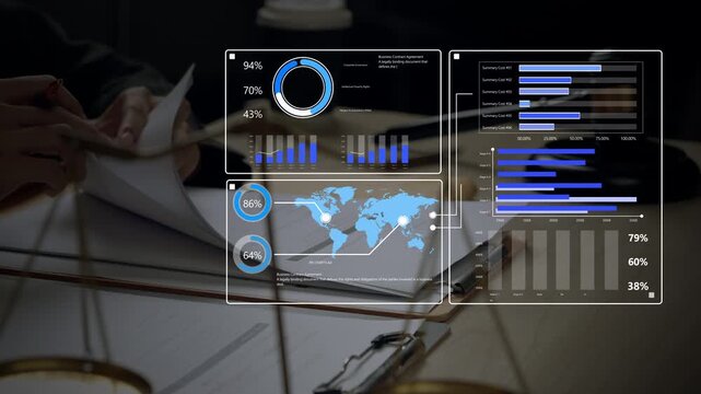 Business professional reviewing legal documents with futuristic dashboard showing global data, compliance insights, corporate governance and contract analytics.