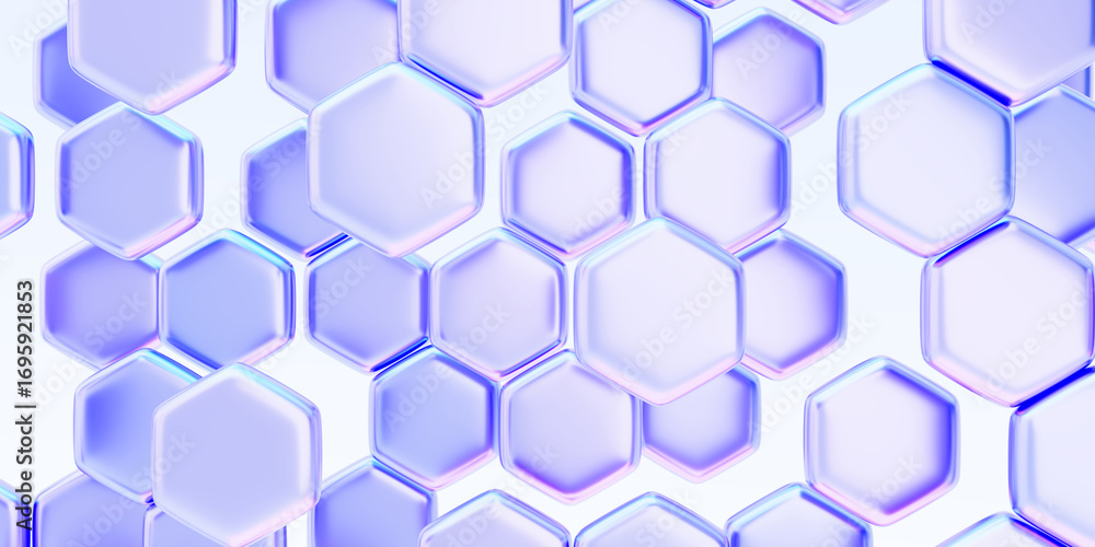 Poster abstract 3d background with holographic iridescent glass hexagon pattern. geometric render honeycomb