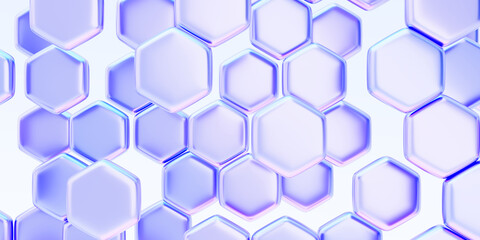Abstract 3d background with holographic iridescent glass hexagon pattern. Geometric render honeycomb cell texture with purple blue gradient for medical science and technology design. 3D illustration