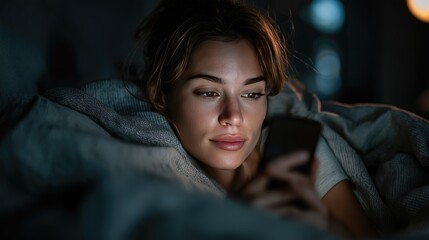 Hybrid Work Young Woman Using Smartphone in Bed for Late Night Content Marketing