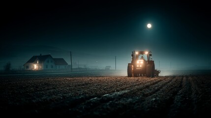 Tractor Working a Field Beneath a Full Moon at Night
