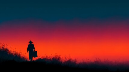 Silhouette of a person walking during a striking red and blue sunset