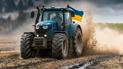 Fototapeta premium Blue tractor on field displaying Ukrainian flag with dramatic cloudy sky