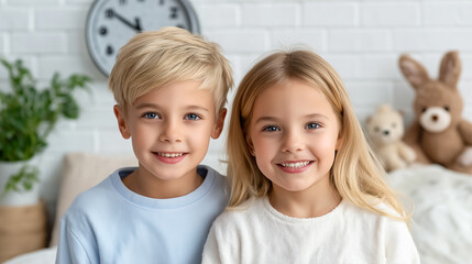 Kids smiling with joy while posing in cheerful bedroom. Brightly lit space featuring soft toys and a clock on the wall. Concept of childhood, happiness, family bonding