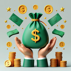 Hands cradle a money bag surrounded by floating cash coins and stars.